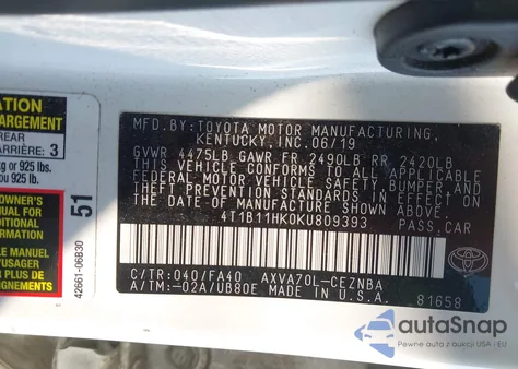 2019 Toyota Camry Le z USA, uszkodzony, nr VIN 4T1B11HK0KU809393